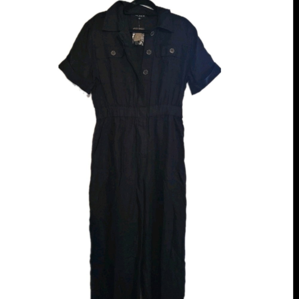 J. Crew Linen Utility Jumpsuit Wide Leg Black Coastal Grandma Natural Fabric NWT